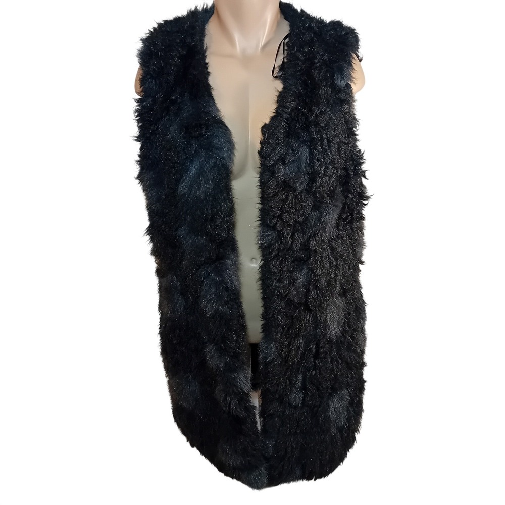 Suzy Shier Black Faux Fur‎ Long Vest Rocker Glam Pockets Statement Maximalism L